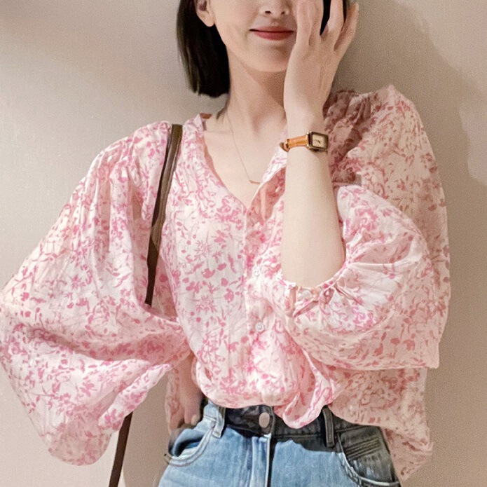 2025 Early Spring New Style Beautiful Small Shirt Tea Break French Top Design Niche Pink Floral Shirt for Women