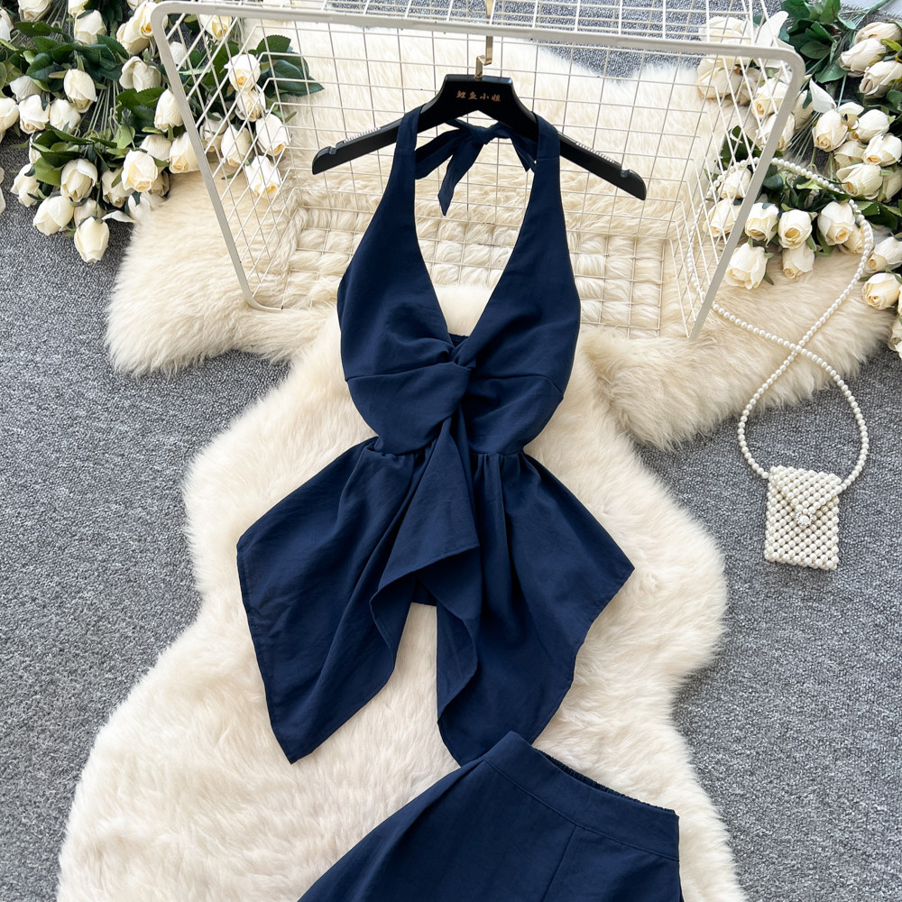 Women's Luxury Commuter Style Halter Vest Wide Leg Pants Two Piece Set Slimming Stylish Backless Summer Outfit_ecoleips.com