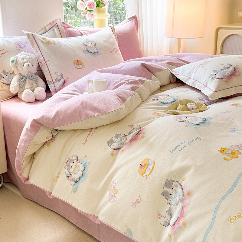 Juego de Ropa de Cama de Algodón Puro Cepillado 2024, Juego de Cuatro Piezas con Funda Nórdica, Sábana Bajera Ajustable, Juego de Tres Piezas para Dormitorio, Lujo Ligero de Invierno