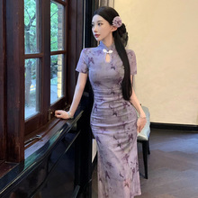 319欧美东南亚外贸批发2024女装年轻款少女旗袍裙印花收腰连衣裙