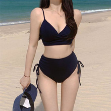 2022跨境新款韩国分体泳衣女纯色紧身高腰显瘦抽褶聚拢三角比基尼