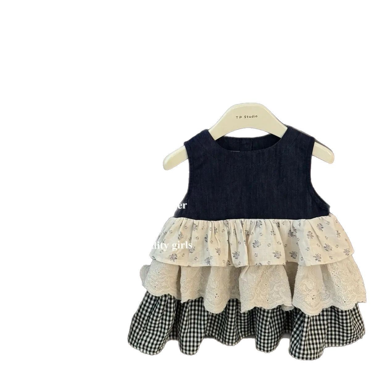 Xianning Seven Girls Baby Summer New Products Falda de chaleco sin mangas Falda de mezclilla con costuras a cuadros florales Falda de pastel apilada