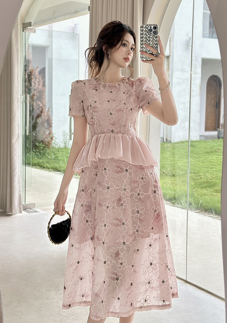 Đầm nữ đính đá cổ tròn eo xếp ly dáng chữ A che bụng — màu hồng chi tiết 6