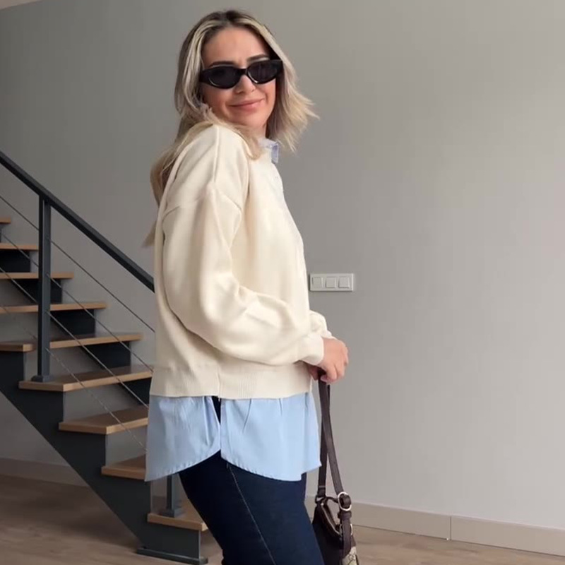 2024 otoño nuevo estilo europeo y americano Amazon ropa de mujer transfronteriza moda falsa dos piezas diseño simple camisa de punto universal