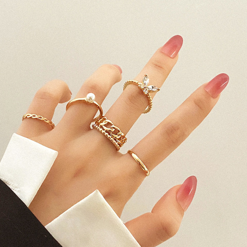 Cross-border ring set 5 pieces, Instagram blogger's butterfly pearl earrings, bohemian crystal rings