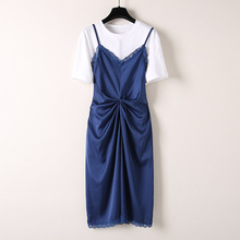 明星林芸芸颖儿同款衣服夏季白短袖T恤蕾丝吊带连衣裙女