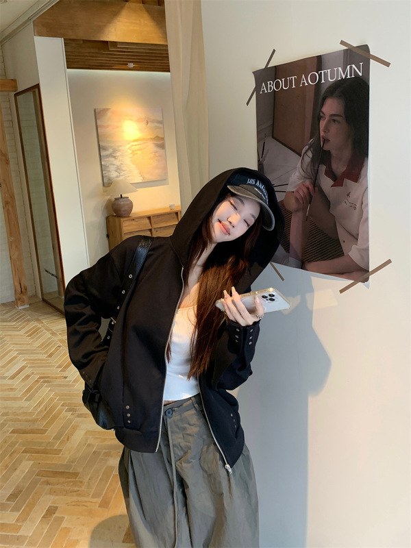 美式辣妹设计感铆钉连帽卫衣外套女装秋季慵懒宽松灰色开衫上衣潮|undefined