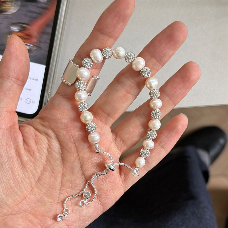 Light Luxury Elegant Natural Freshwater Pearl Clay Diamond Ball Zircon Pull Bracelet Simple High-End Ins Style Exquisite Style