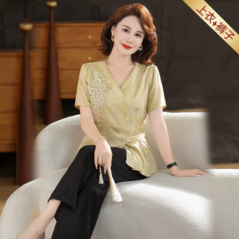 День матери для мамы высокого качества с короткими рукавами набор 2025 лето новый средний возраст женщин темперамент элегантная футболка