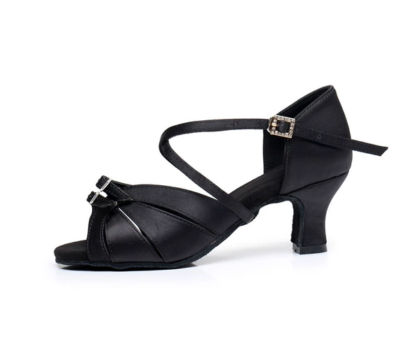 Black satin double buckle 5-point heel