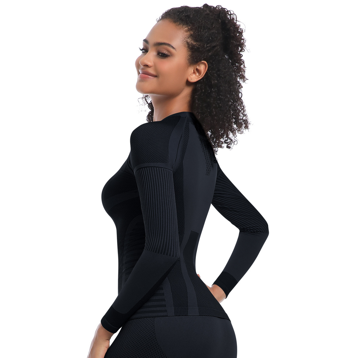 Neu Nahtlose Stricken Engen Hohe Elastische Ski Anzug Langarm Sport Laufen Fitness Yoga Top_voghion.com