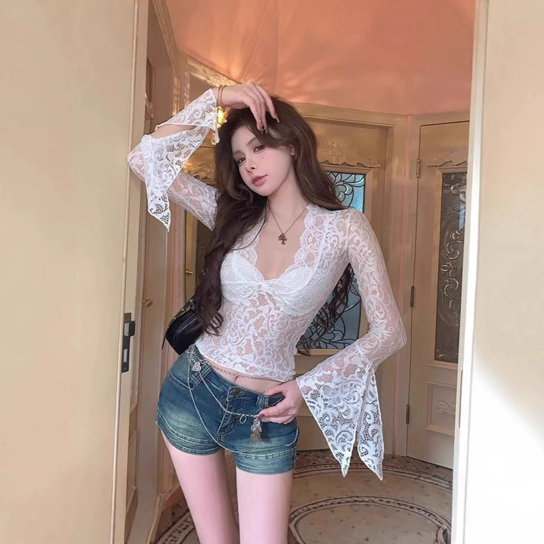 Кружевное сексуальное базовое bodysuit с длинным рукавом, европейский стиль, V-образный вырез