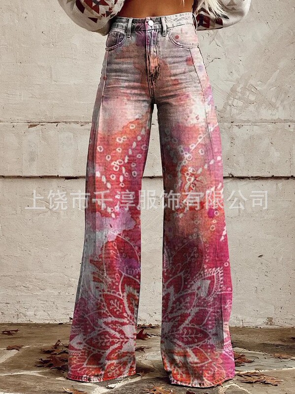 跨境欧美独立站爆款数码印花假牛仔女士阔腿裤 女士喇叭修身长裤|undefined