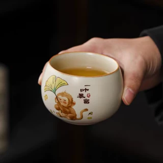一叶暴富茶杯米黄汝窑主人杯功夫茶具高档茶盏喝茶碗陶瓷品茗杯子