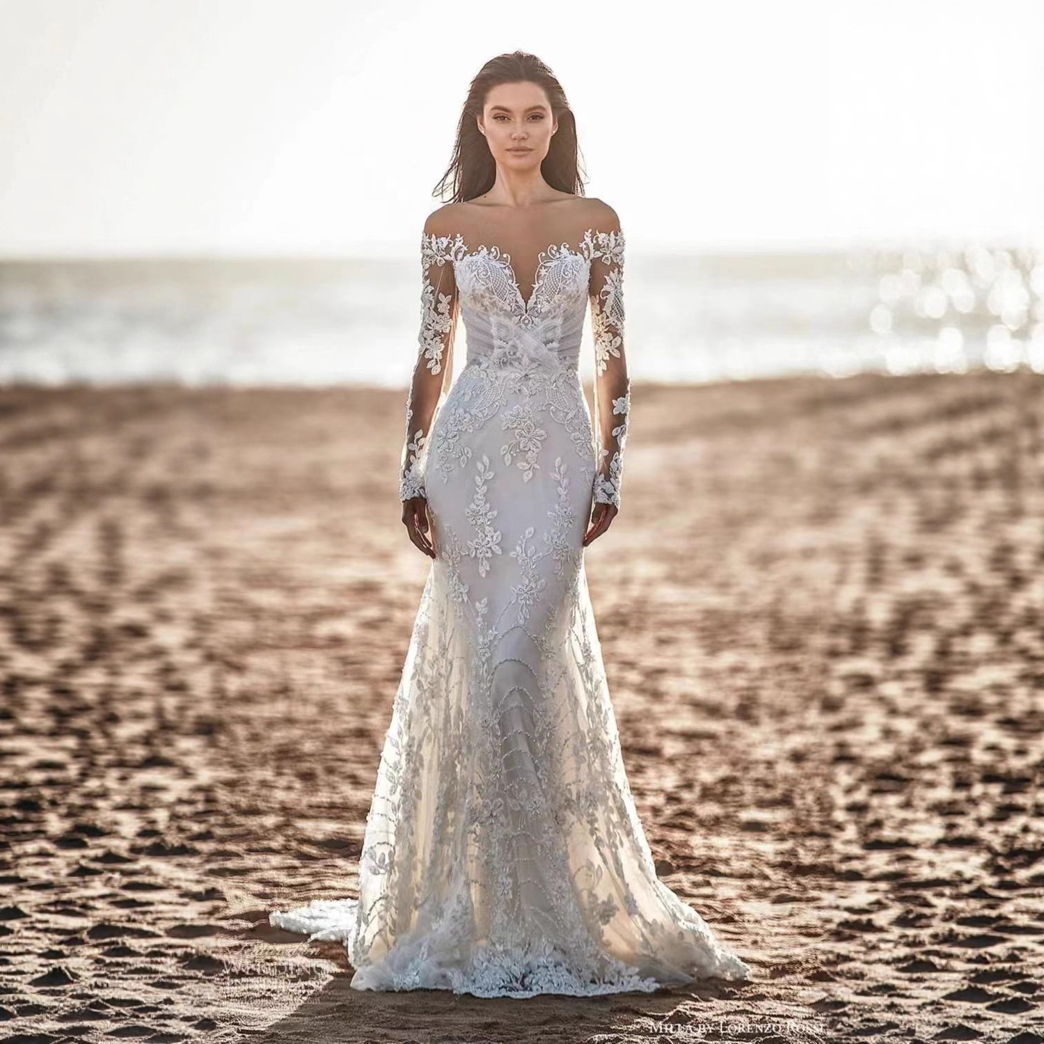 Amazon trailing vestido de novia sexy cintura fishtail 2024 primavera nuevo adelgazar fuera del hombro profundo V vestido de novia