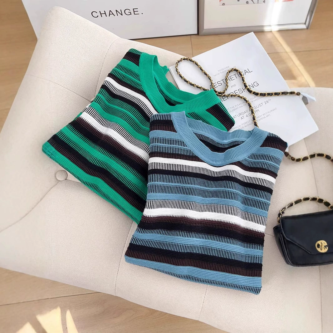 Летняя новая хлопковая нить с круглым вырезом в полоску трикотажная футболка с средним рукавом