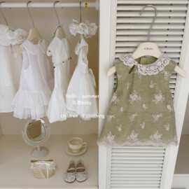 【乐恩baby】绿色森系！2026女童夏绿色森系绣花度假风花边背心裙