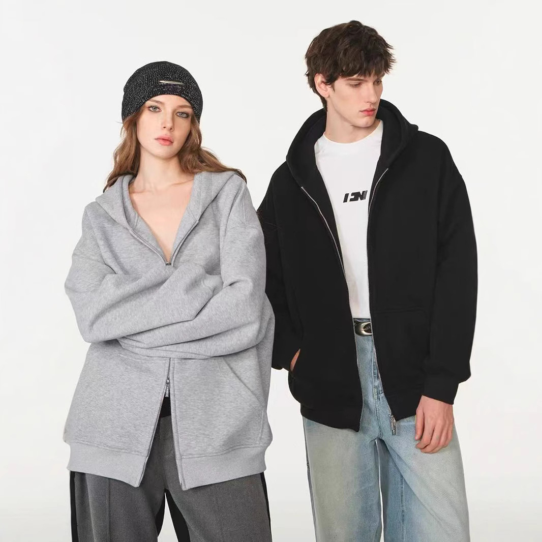 550g pesado chaqueta deportiva con capuzas hombre doble cremallera de color sólido chaqueta de tendencia suelta Europa otoño invierno nuevos productos