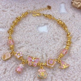 5D Gold National Trend Enamel Butterfly Gold Bracelet Women's Gold 999 Flower God of Wealth Bracelet Chinese Valentine's Day Gift