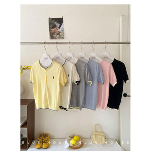 New Korean Style Color-Blocked Pony Embroidery Faux Two-Piece Short-Sleeve Knit Cardigan for Women, Summer Elegant Outerwear, Versatile and Fresh Style
