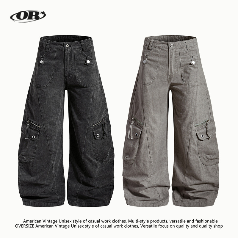 Oreeta丨American Retro Lumberjack Cargo Pants for Men and Women, Cleanfit Distressed Multi-Pocket Wide-Leg Scimitar Pants