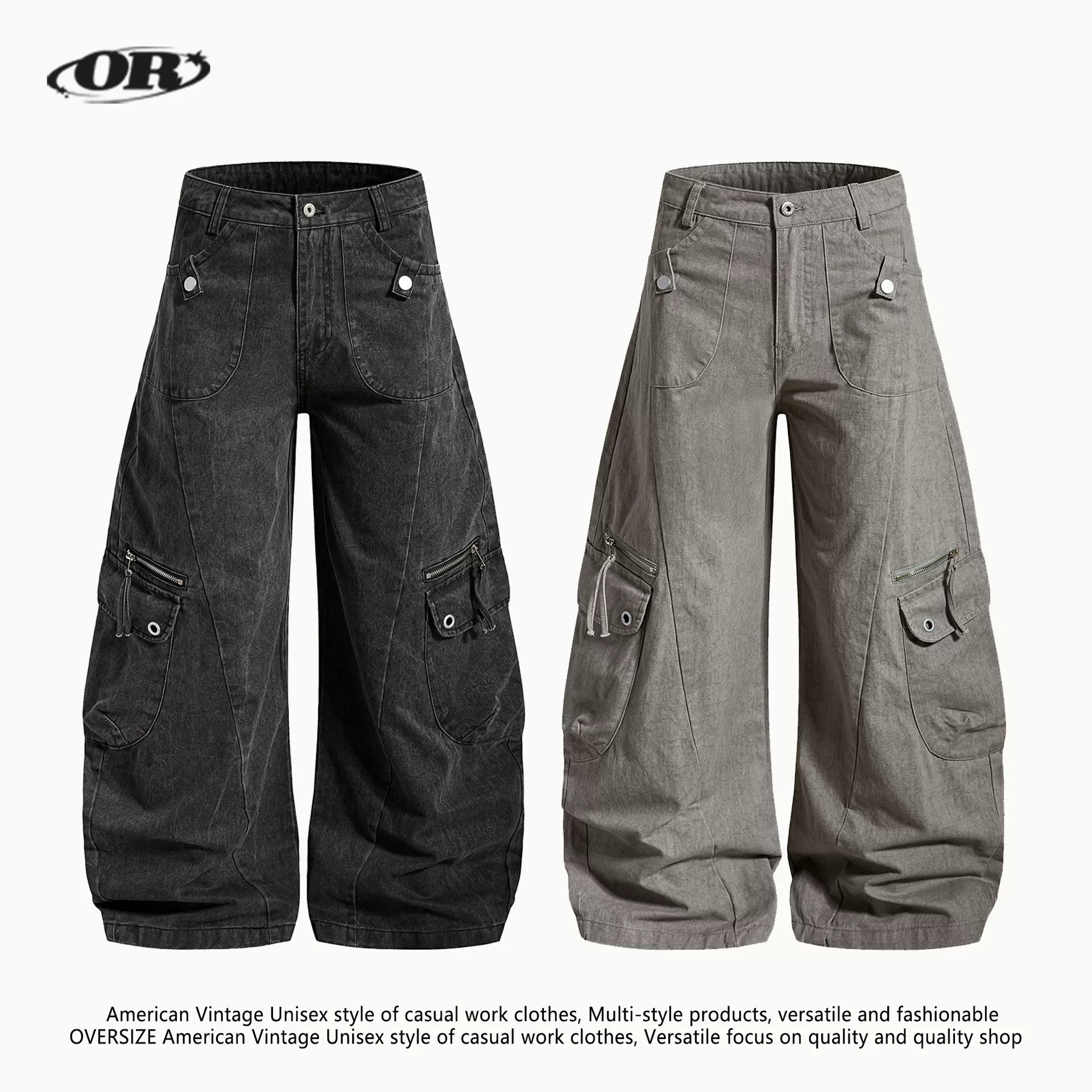 OREETA丨美式复古伐木工装裤男女cleanfit做旧多口袋阔腿弯刀裤