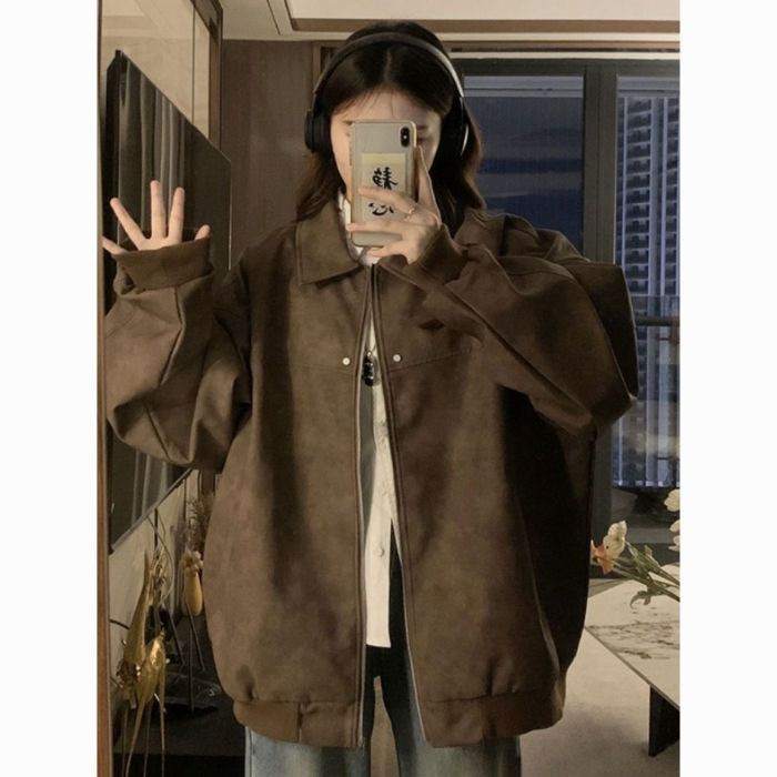 美式复古棕色外套女春秋季新款酷飒风翻领仿麂皮绒PU情侣机车夹克|undefined