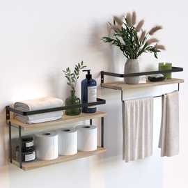 壁挂式置物架2件套乡村风格木制金属框架浴室厨房带纸巾架毛巾杆
