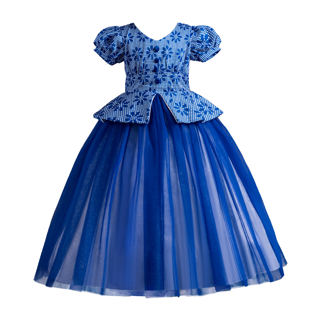 Transfronterizo nuevos niños princesa vestido houndstooth costura malla mullido vestido puff manga niñas etapa traje