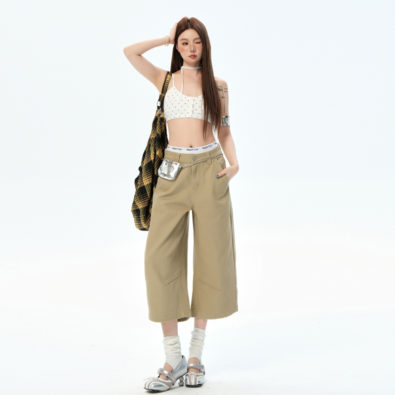 Khaki Cropped Pants for Women, Summer 2026 New Style, Loose Straight-Leg Work Pants, High-Waisted Slimming Jeans, American Style