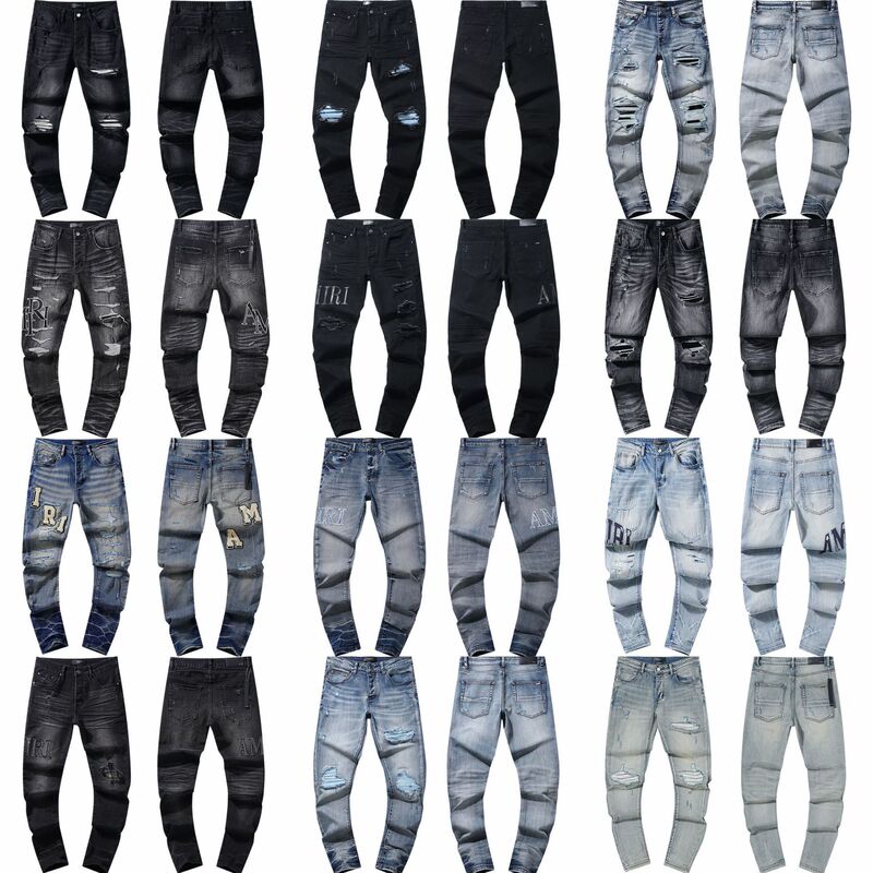 Cross-Border European and American Trendy Brand Amiri Heavy-Duty Washed Distressed Men's High-Quality Leather Patch Pencil Jeans Casual