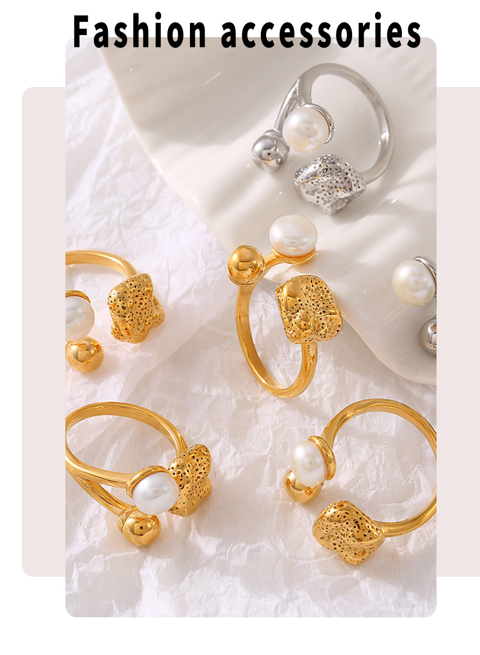 Quadratischer Zuckerring aus Titanstahl mit offener Öffnung und Imitationsperle, glatter, kugelförmiger, personalisierter Ring_voghion.com