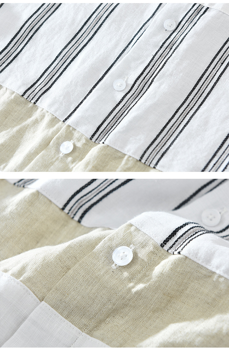 2026 Men's Loose-Fit Trendy Casual Japanese Style Patchwork Three-Quarter Sleeve Linen Shirt, Wholesale Available_viptrois.com