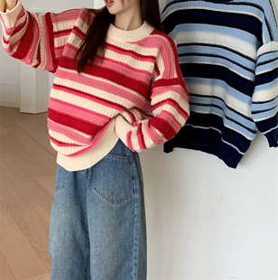 Striped Twist Knit Sweater for Women, Loose Oversized, Spring–Autumn Casual Top