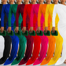 X6042速卖通亚马逊欧美时尚女装纯色斜领单长袖长裙褶皱连衣裙女