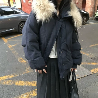 sc90白鸭绒！2026韩系冬季保暖宽松貉子毛领短款派克服羽绒服女