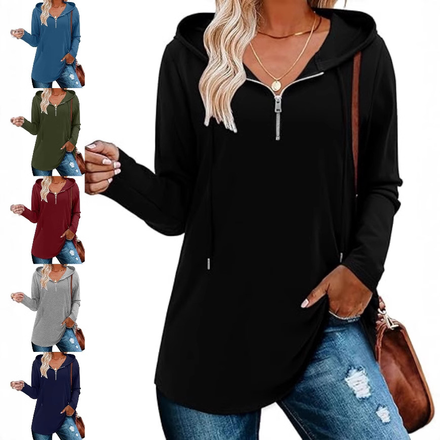 Europe and the United States cross-border Amazon half zipper waist hoodie long sleeve casual pullover hooded sweatshirt women's clothing