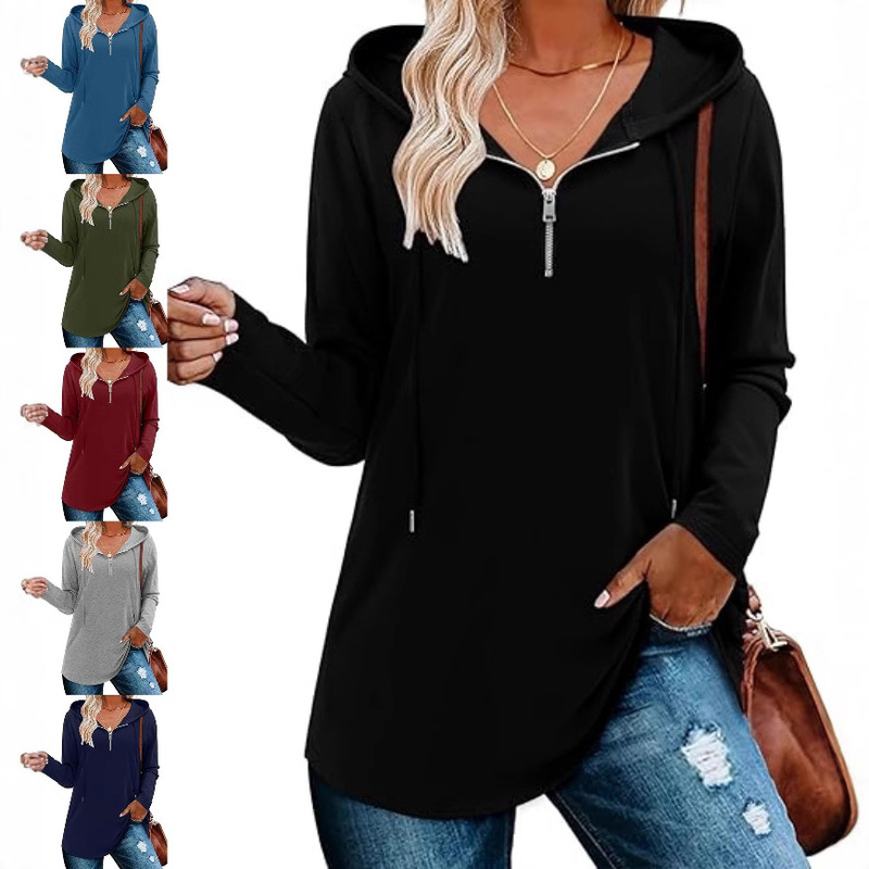 Europe and the United States cross-border Amazon half zipper waist hoodie long sleeve casual pullover hooded sweatshirt women's clothing