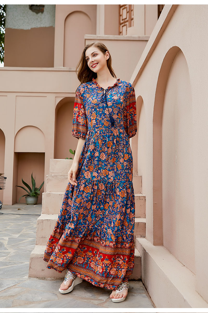 Langes Blumenkleid Für Damen Orientalischer Stil Baumwollseide_voghion.com