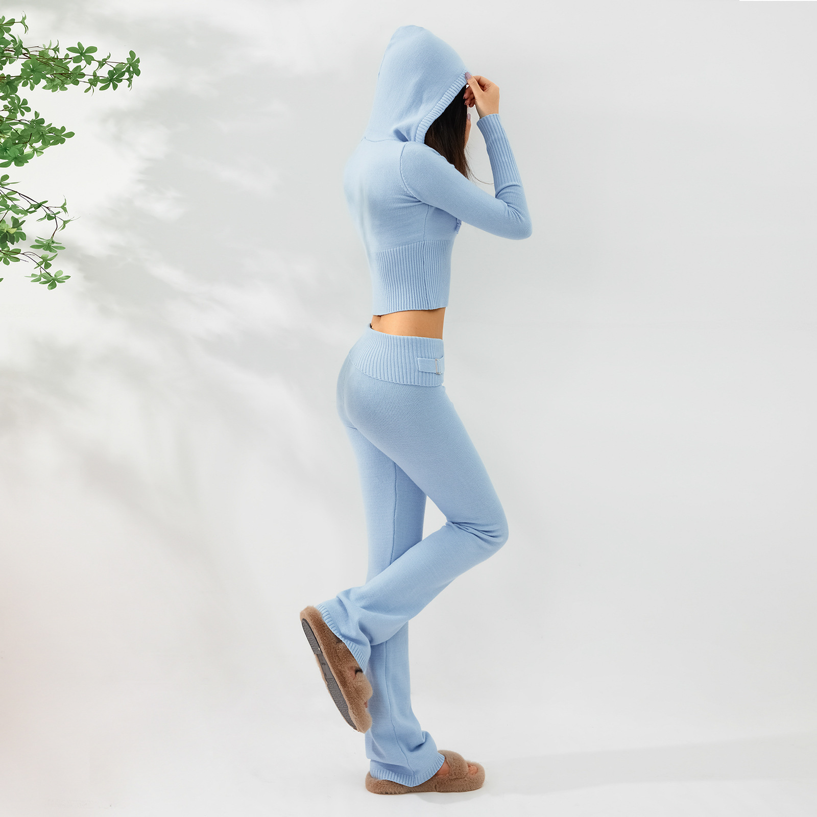Ensemble deux pièces en tricot à capuche pour femme, pantalon sexy à manches longues et taille haute, à la mode_voghion.com