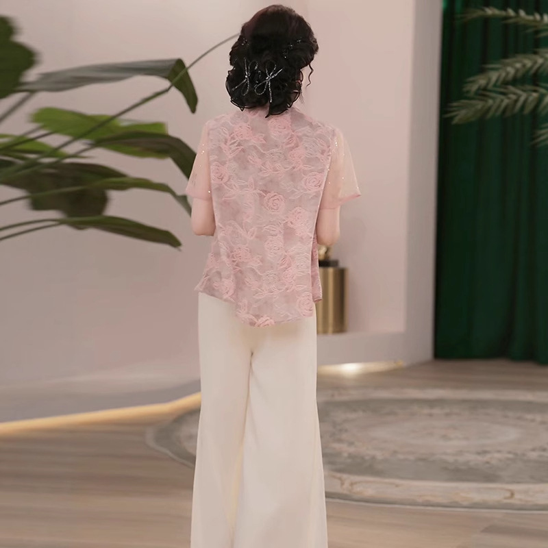 2025年新作夏ママ服薄手おしゃれスーツシャツ中高年女性おしゃれ年齢軽減Tシャツ服|undefined