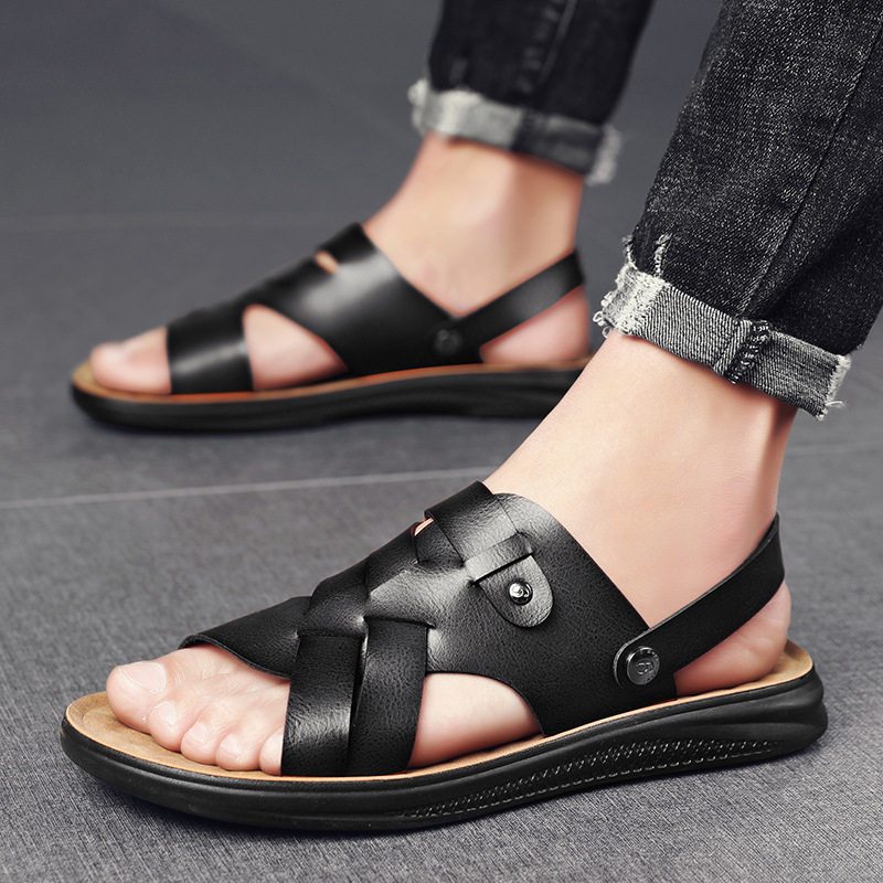 Dép sandal nam quai ngang hở ngón đế mềm thoáng khí chống trơn trượt cỡ lớn — Nâu Đen, vàng nâu