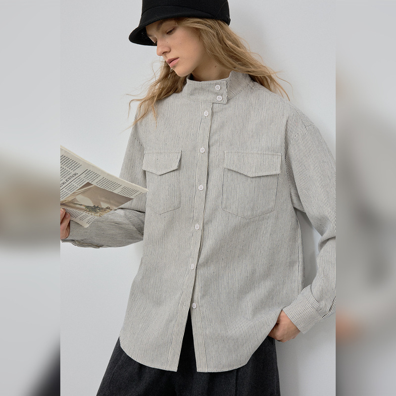 Old Money Style Cotton Linen Striped Small Stand Collar Henley Shirt Long Sleeve Women's Autumn Winter Linen Drop Shoulder Double Pocket Layered Shirt Old Money Style Cotton Linen Striped Small Stand Collar Henley Shirt Long Sleeve Women's Autumn Winter Linen Drop Shoulder Double Pocket Layered Shirt