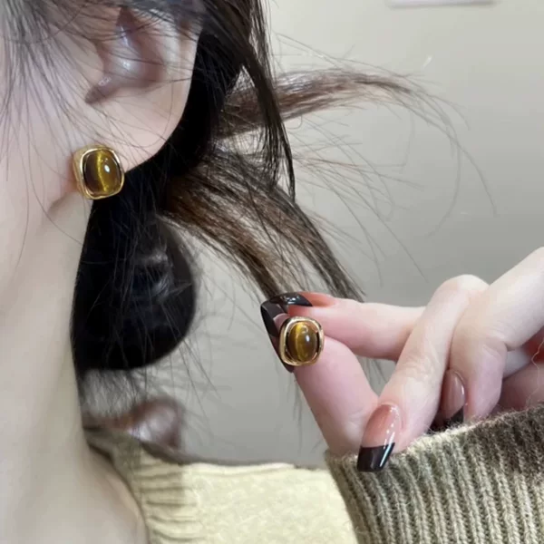 Retro Hong Kong Style Geometric Tiger Eye Stone Earrings Small and Exquisite Autumn and Winter 2025 New Hot Style High-End Earrings