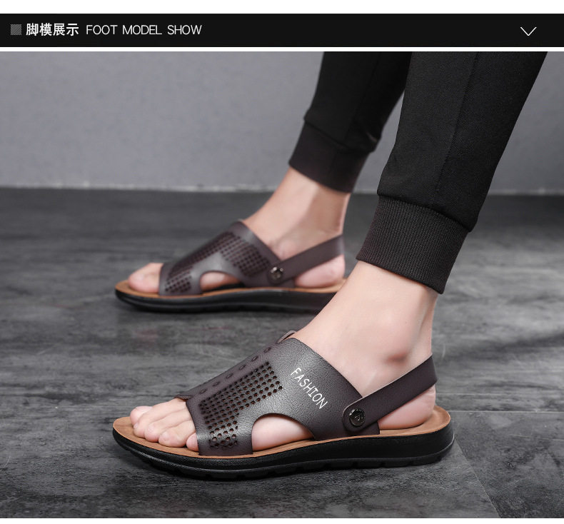 Dép sandal nam cỡ lớn hở ngón da PU chống trơn trượt, thoáng khí đi biển — Nâu Đen, Xanh lam đậm, Xám đậm, Đỏ rượu chi tiết 12