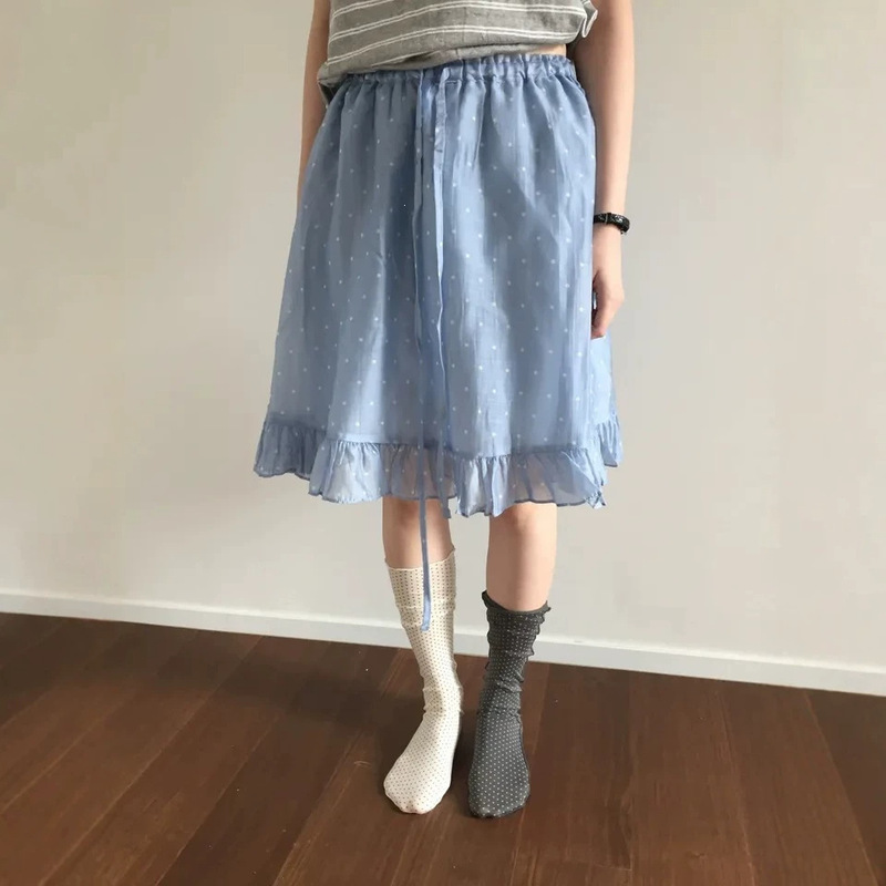 3-Color New Style Korean Design Polka Dot Print Glossy Lace Umbrella Skirt Cute Mid-Length Skirt Japanese Style