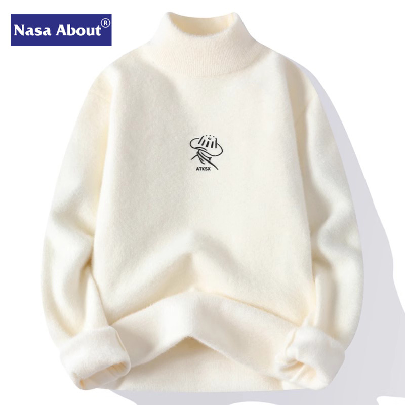 NASA Half-turtleneck Sweater Men's Autumn and Winter fleece-lined Thickened Mid-collar Sweater Warm Clothes Winter Clothes Base Sweater Women's
