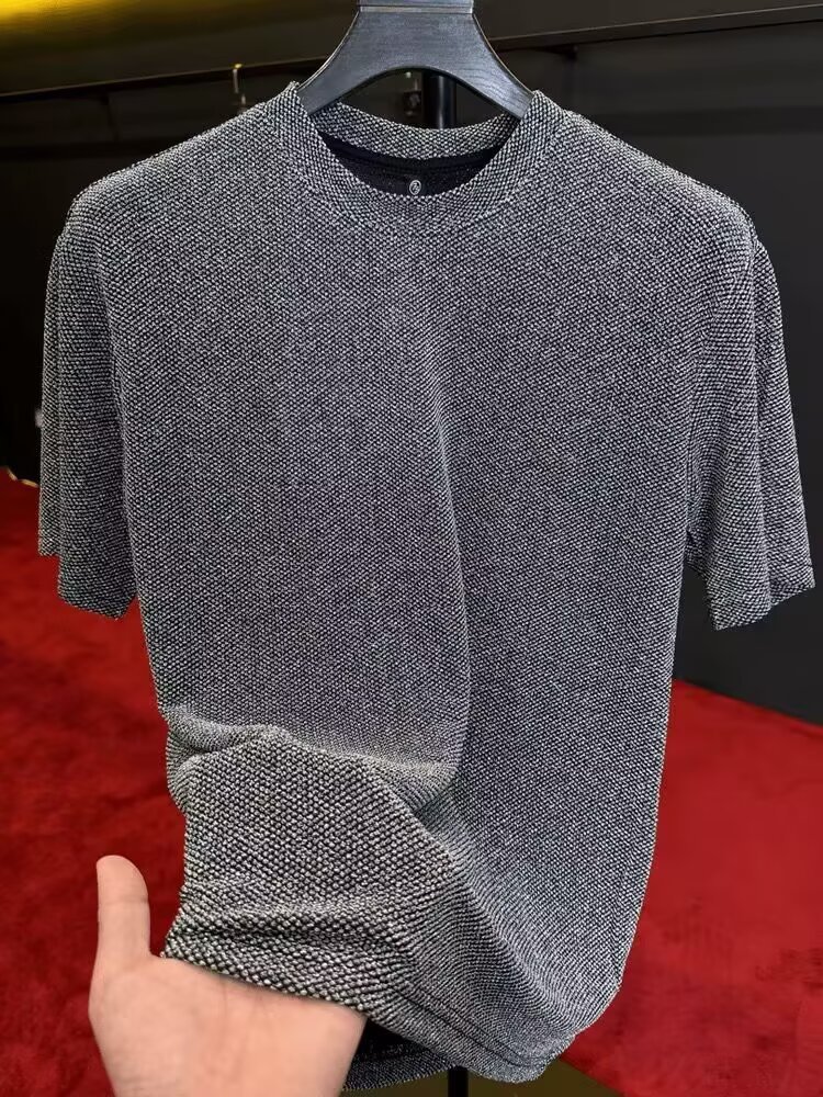 T-shirt texturé uni pour homme, manches courtes, coupe ample, épais, style américain tendance_voghion.com