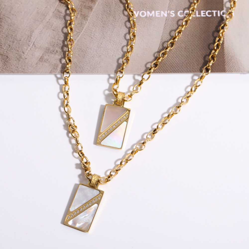 Women Simple Style Rectangle Stainless Steel Shell Necklace Gold Plated Inlaid Shell Stainless Steel Necklaces_colorza_6