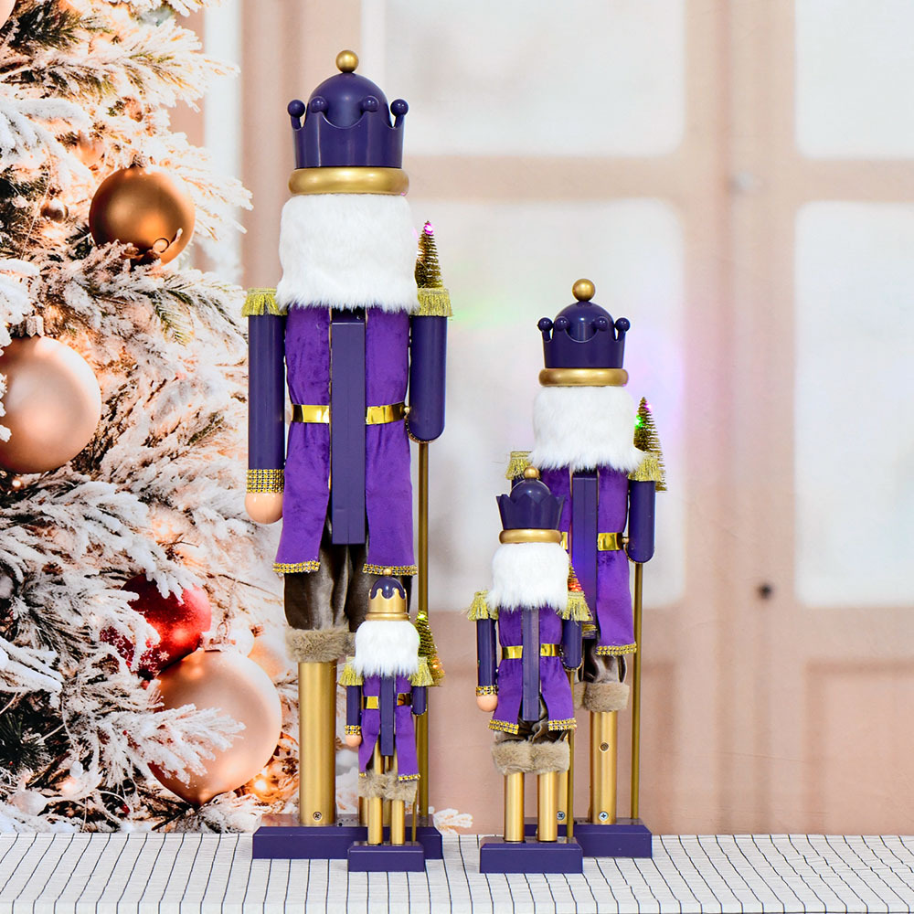 Inventario 30, 40, 60, 80cm cascanueces de plástico decoraciones de soldados árbol de Navidad púrpura con lámparas de banda de sonido
